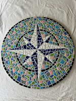 Hanging tiles, mosaics mounted on weathered board (various designs)