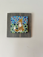 Hanging tiles, mosaics mounted on weathered board (various designs)