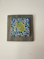 Hanging tiles, mosaics mounted on weathered board (various designs)