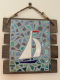 Hanging tiles, mosaics mounted on weathered board (various designs)